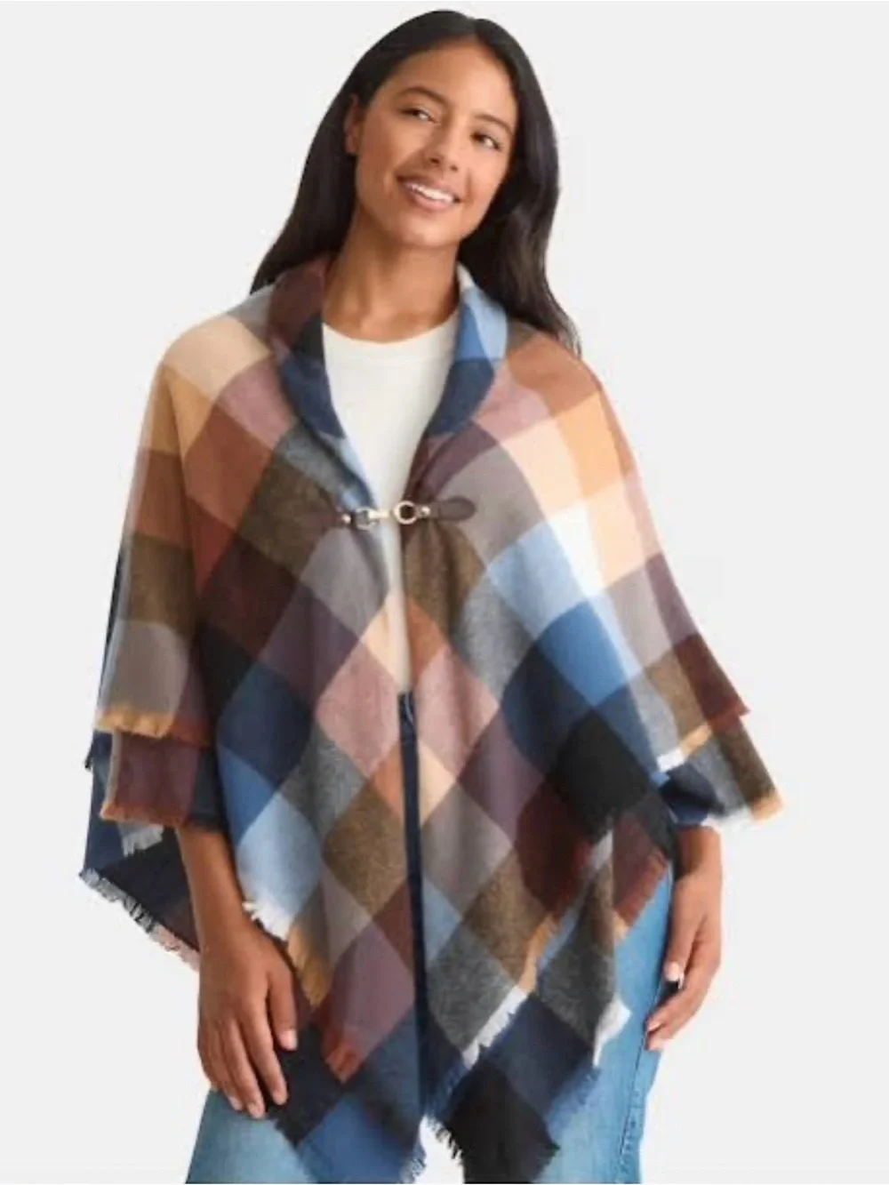 Plaid Blanket Scarf With Buckle Closure